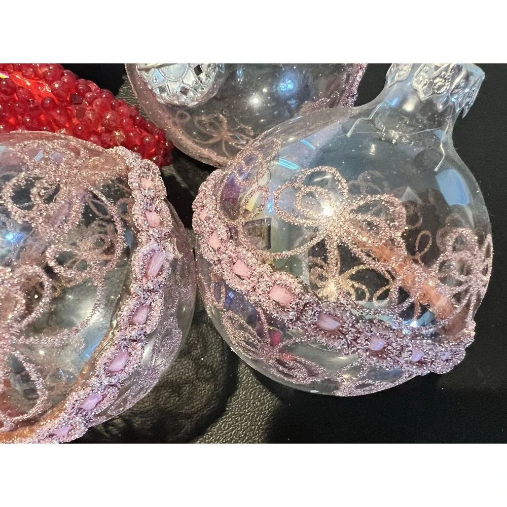 Vintage Lot 15 Pyramid Stenciled Glass Christmas Pink Red Gold Various Ornaments